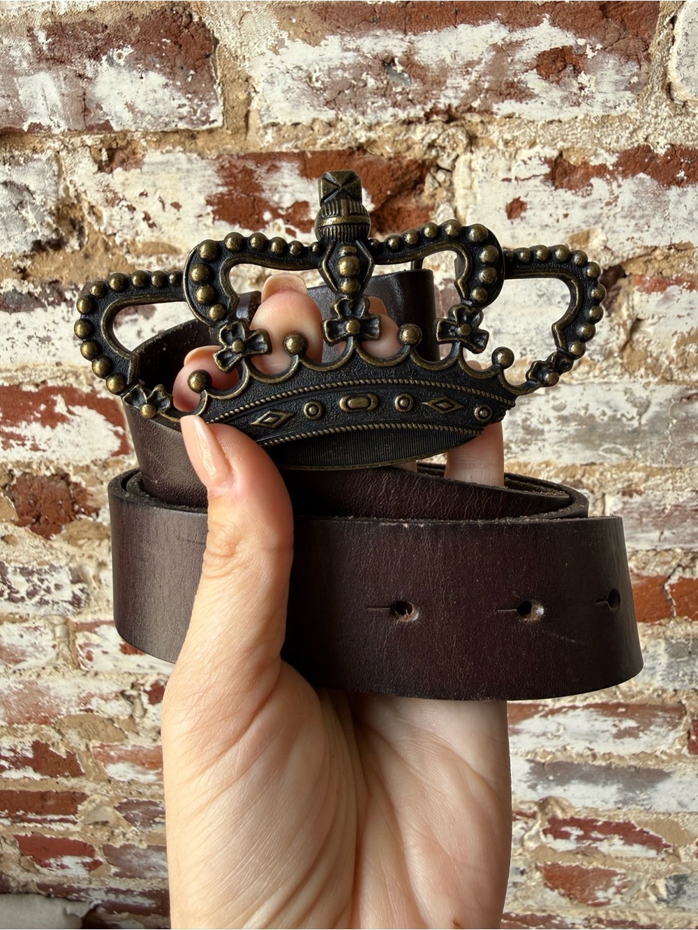 CAbi Dark Brown Leather Belt with Antique-Brass Crown Buckle